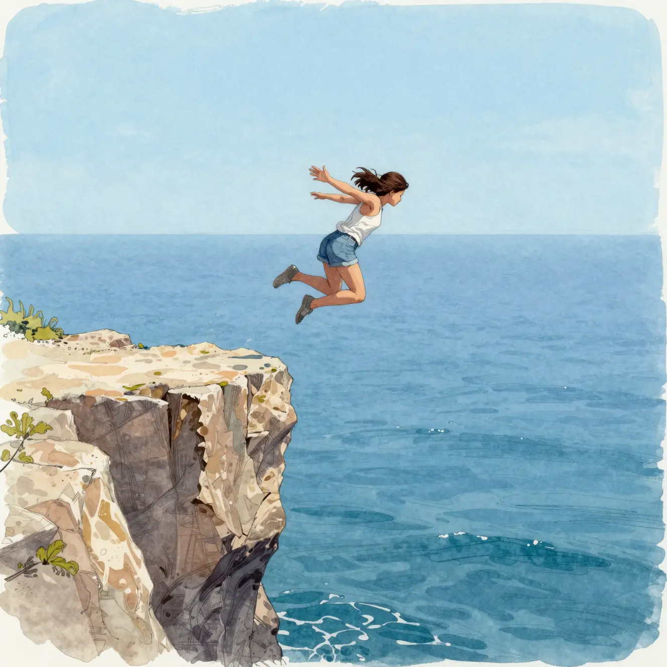 Young girl jumping from a high cliff into calm sea
