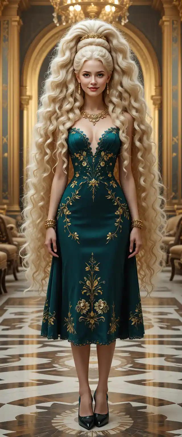 Déesse fantastique souriante en robe émeraude dans un palais doré