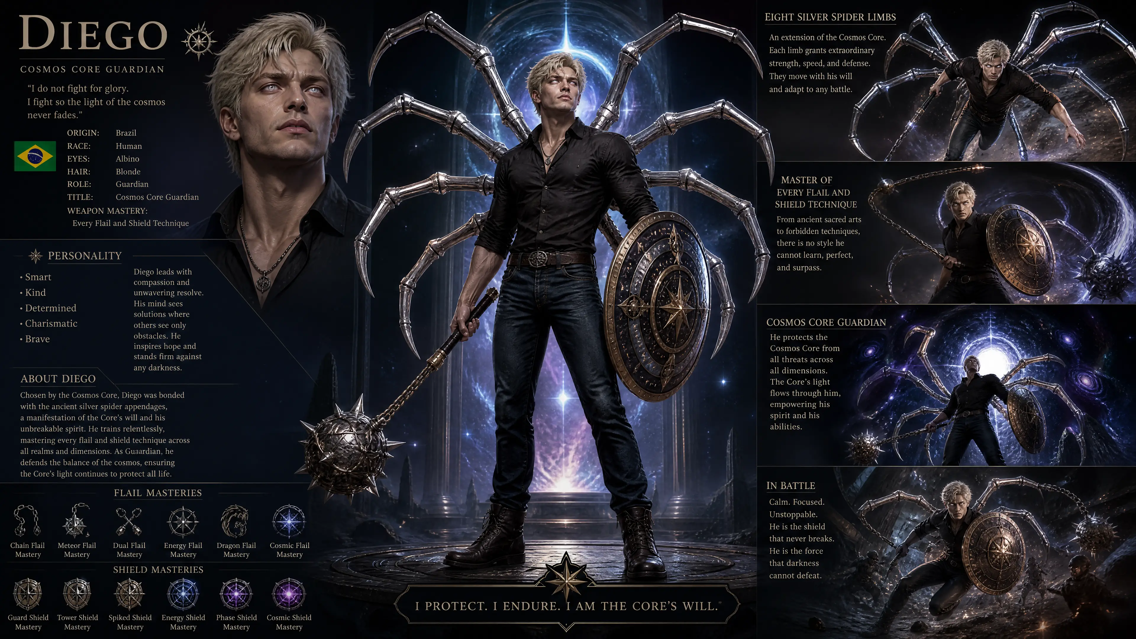 Cosmic guardian warrior with silver spider limbs