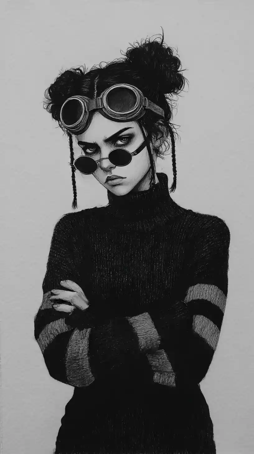Chica melancólica con gafas en retrato a lápiz en blanco y negro