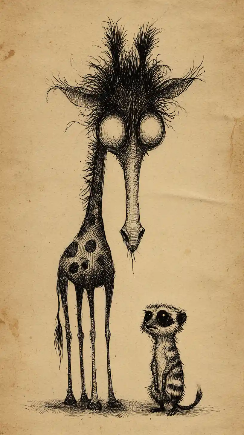 Jirafa y suricata en tinta surrealista mirándose sobre papel envejecido