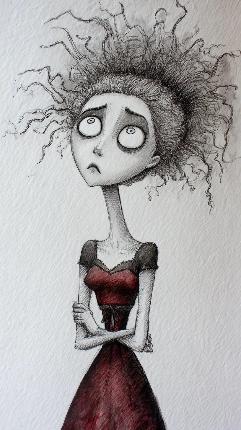 Melancholic woman in mixed media gothic illustration