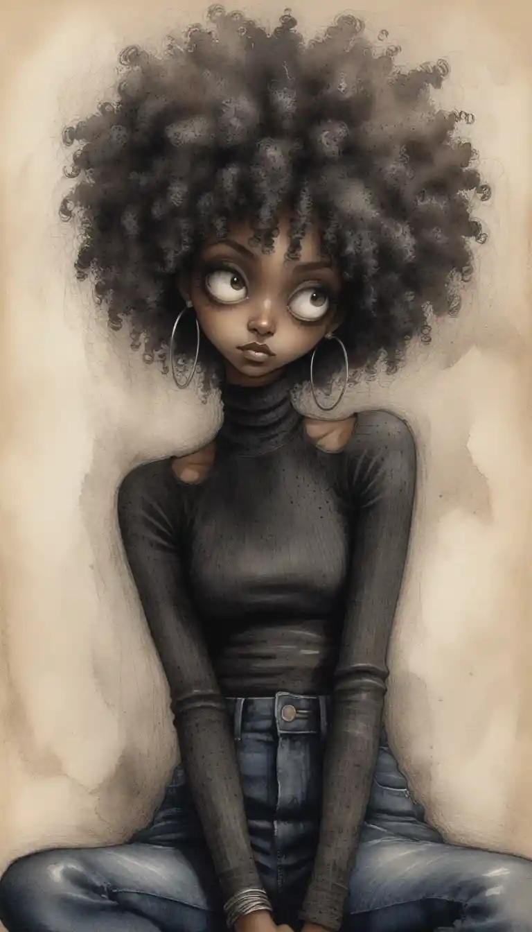 Dessin gothique au crayon d’une femme assise aux grands yeux blancs