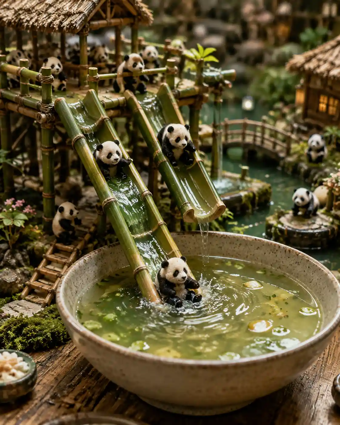 Miniatur-Pandas rutschen auf Bambus in eine Suppenschüssel