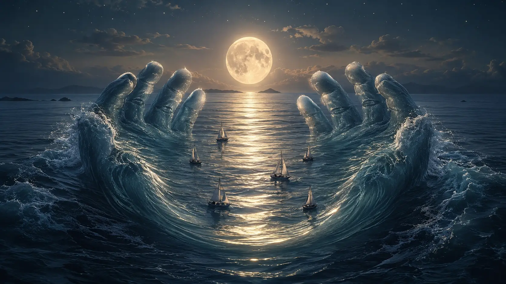 Surreal ocean hands cradling a glowing moon reflection