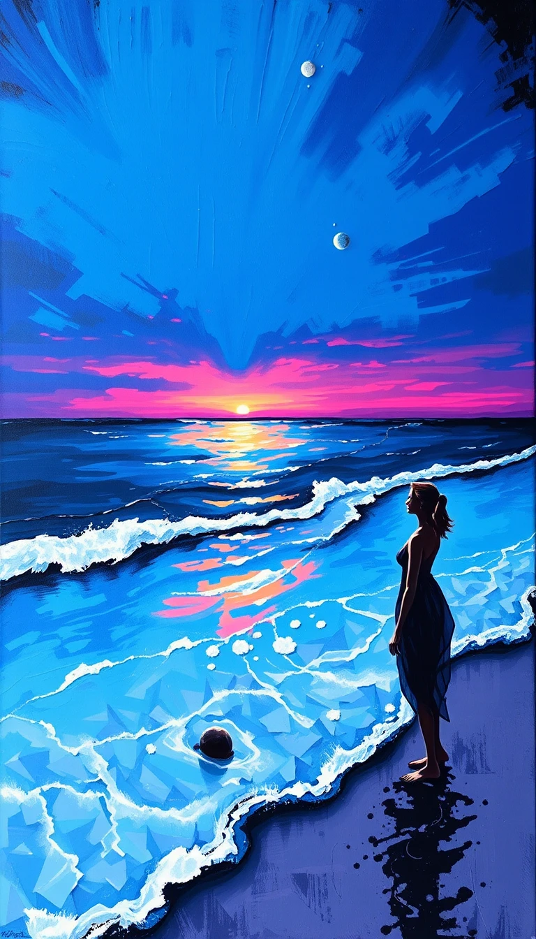 Mulher descalça à beira-mar ao pôr do sol tocando a água