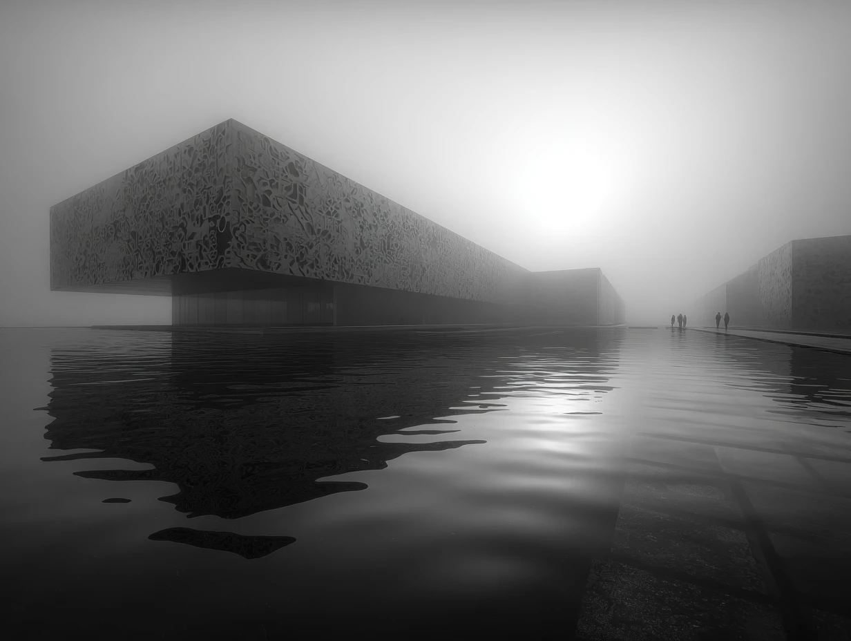 Biblioteca submersa surreal erguendo-se em uma cidade submarina alienígena