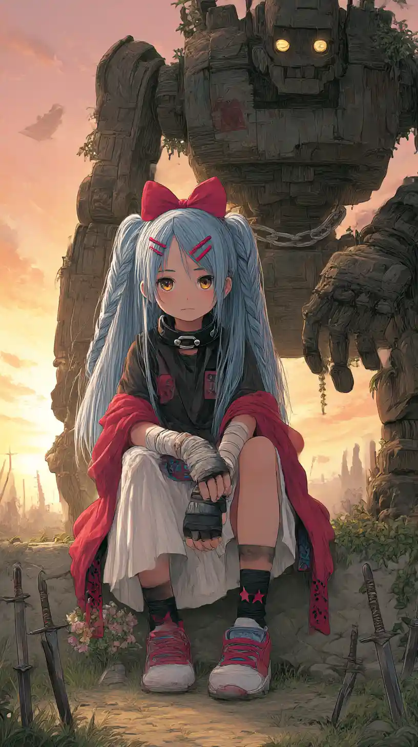 Anime-Mädchen mit blauen Haaren im Gürtel- und Bandagen-Outfit
