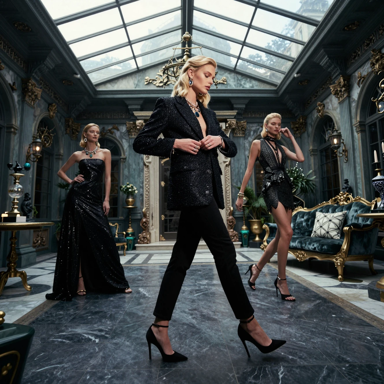 Mannequin de mode blonde marchant dans un solarium luxueux