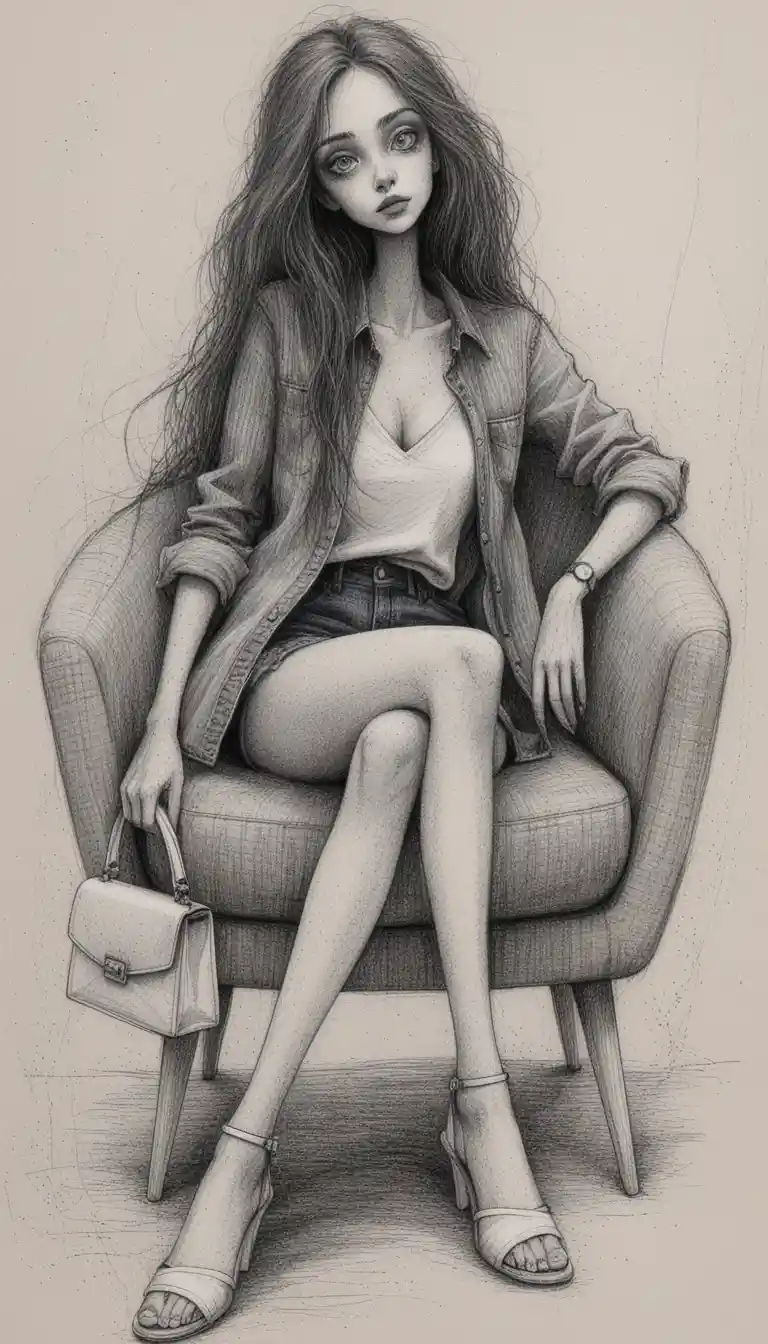 Stimmungsvolle Tintenillustration einer Frau in einem modernen Sessel