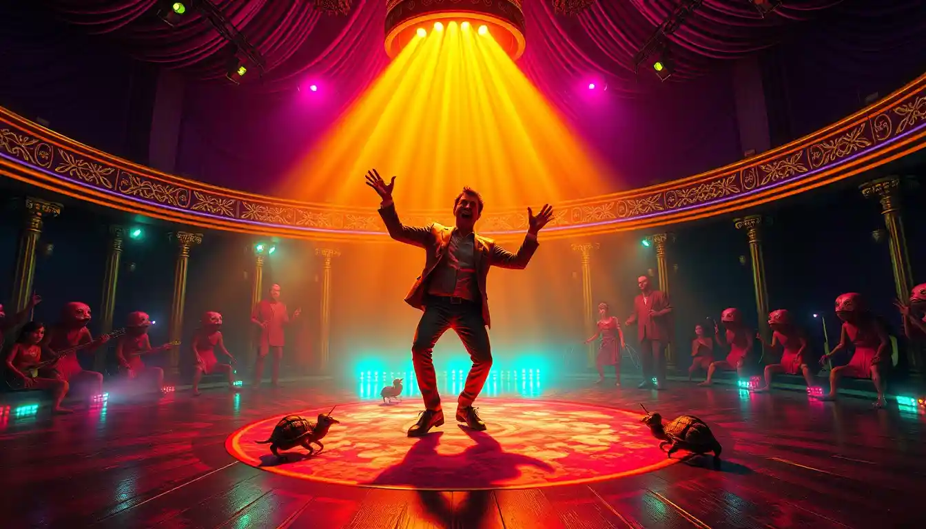 Palhaço Dançando em Palco Neon Sobre Piso Psicodélico em Xadrez