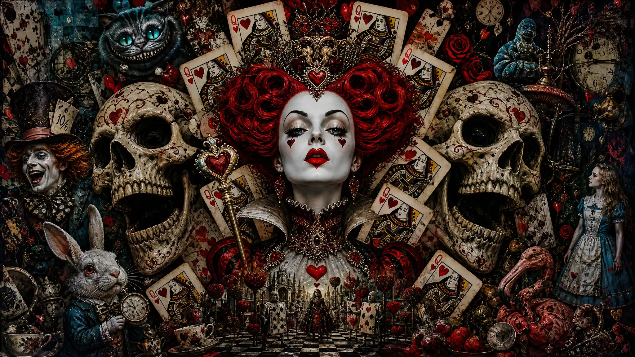 Rainha de copas surreal com caveiras rindo ao seu lado