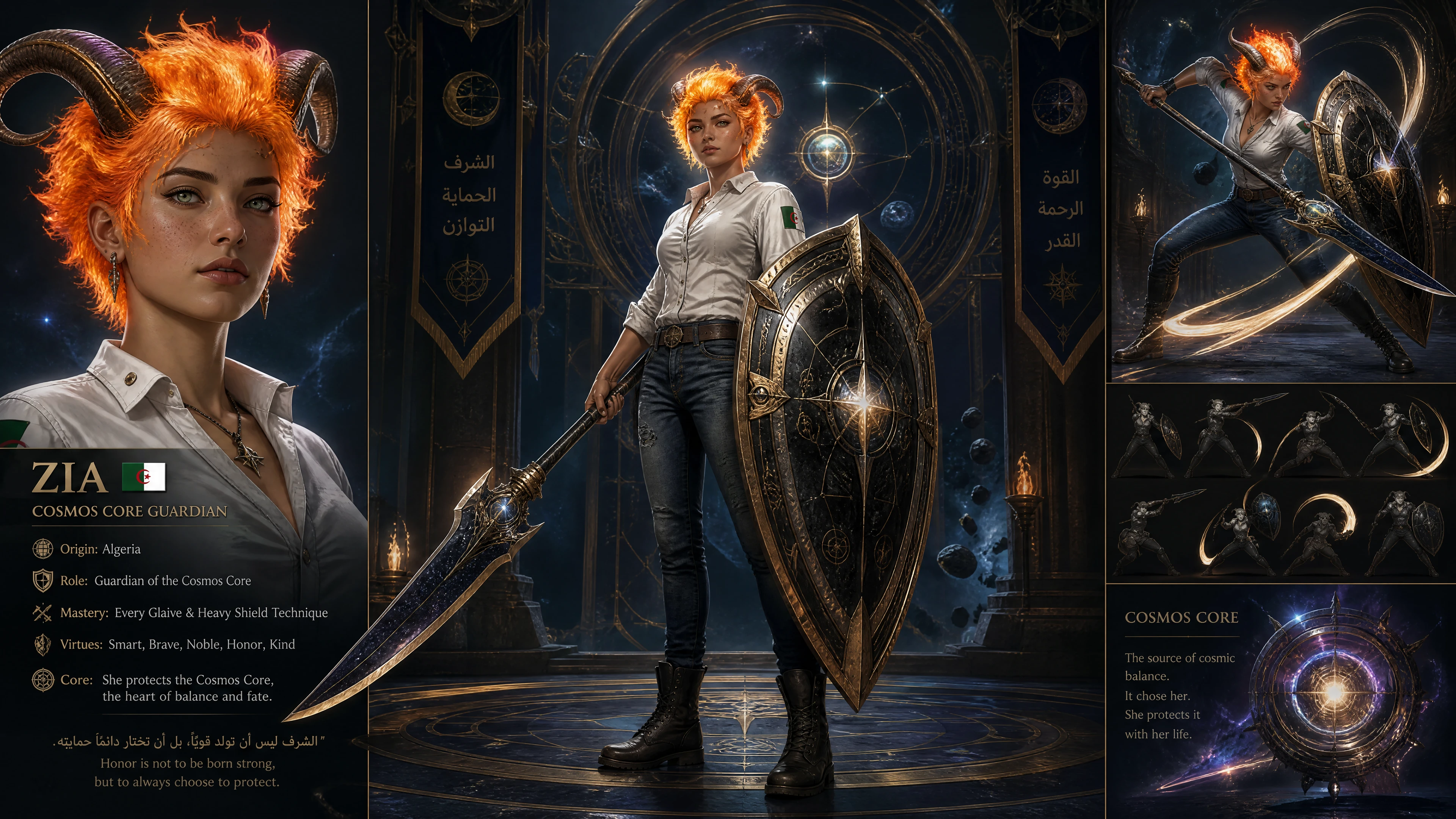 Cosmic horned warrior woman with glaive and shield