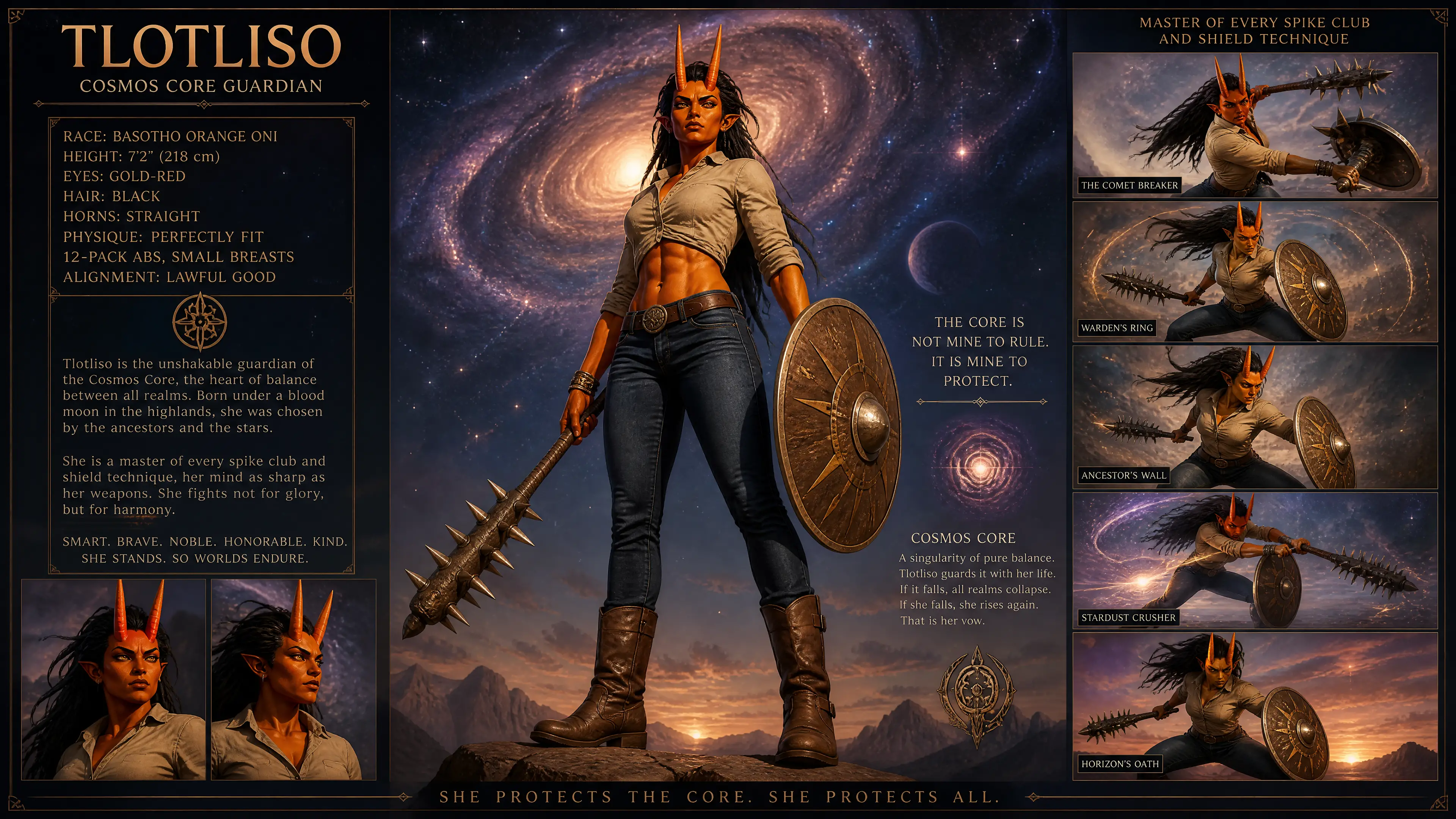 Tall orange horned guardian woman with cosmic background