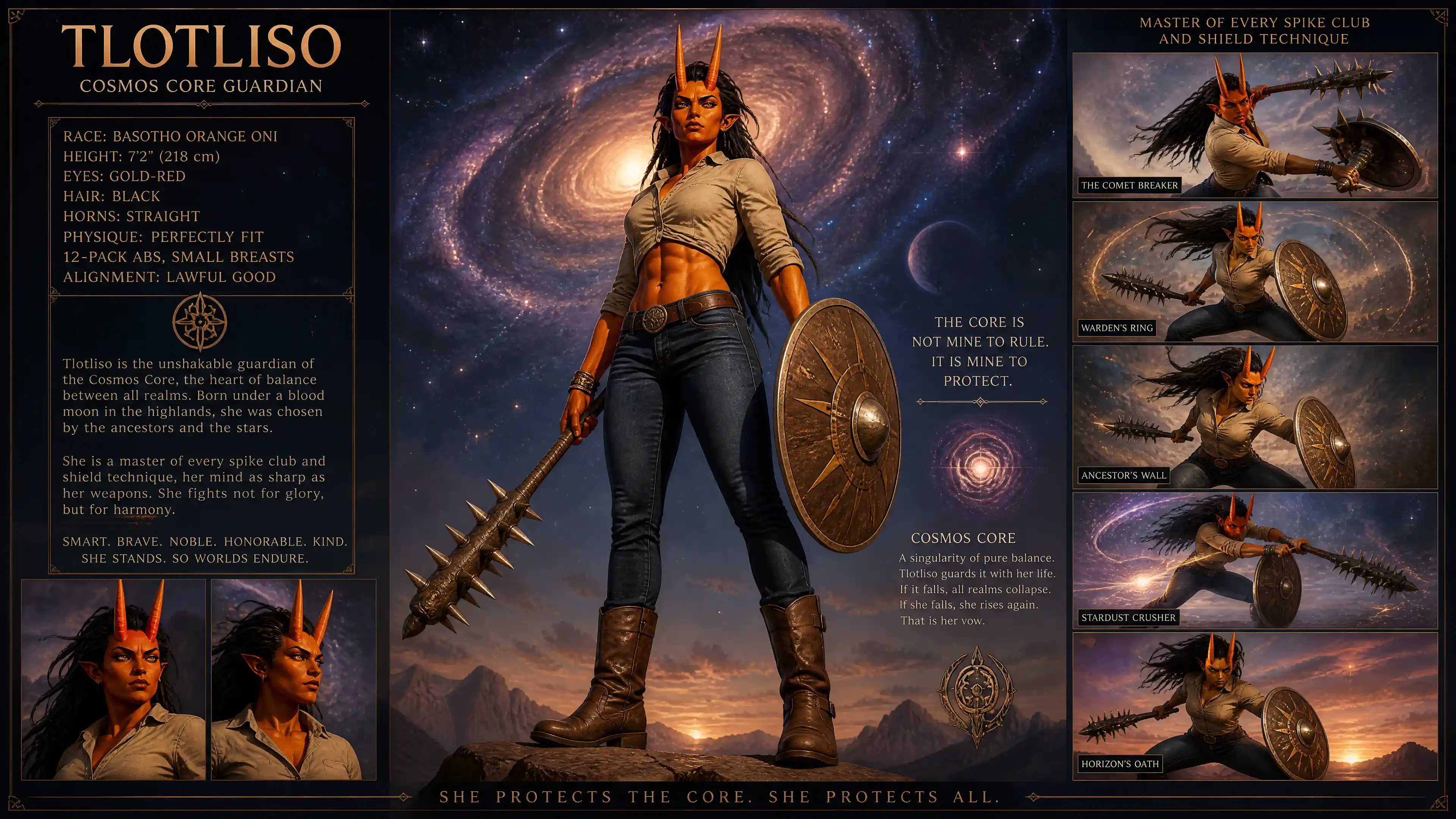 Tall orange horned guardian woman with cosmic background