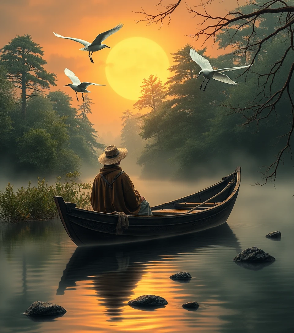 Mystical couple drifting in a wooden boat at sunset