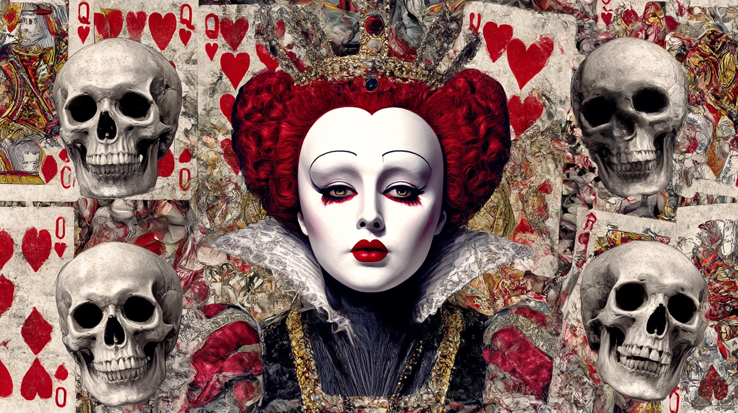Rainha surreal com lábios vermelhos e caveiras rindo