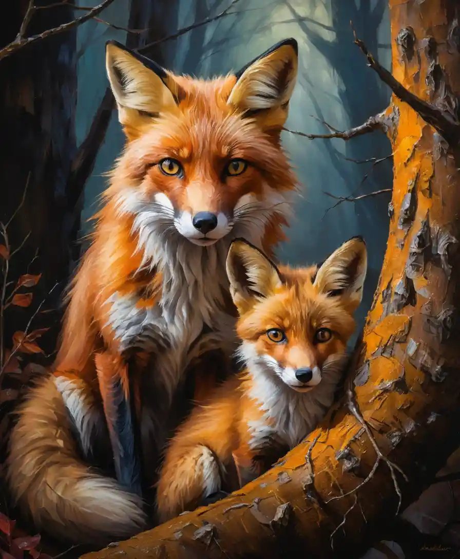 Mutterfuchs und Junges – Porträt in stimmungsvoller Waldmalerei