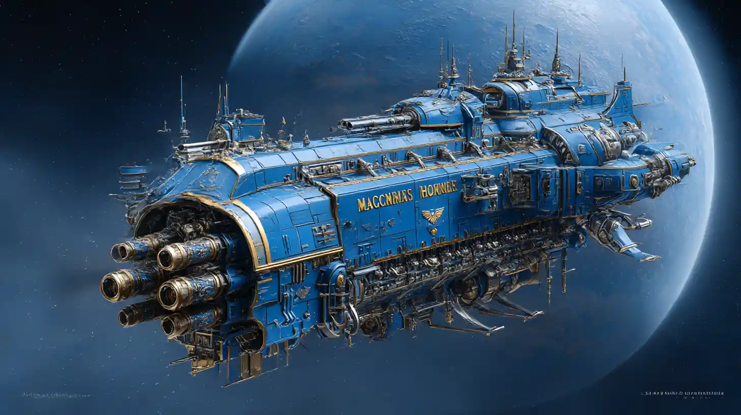Massives blaues imperiales Kriegsschiff vor einem fernen Planeten