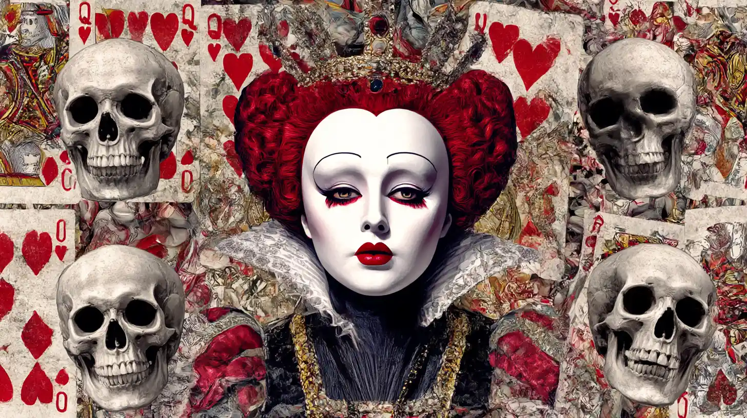 Rainha surreal com lábios vermelhos e caveiras rindo