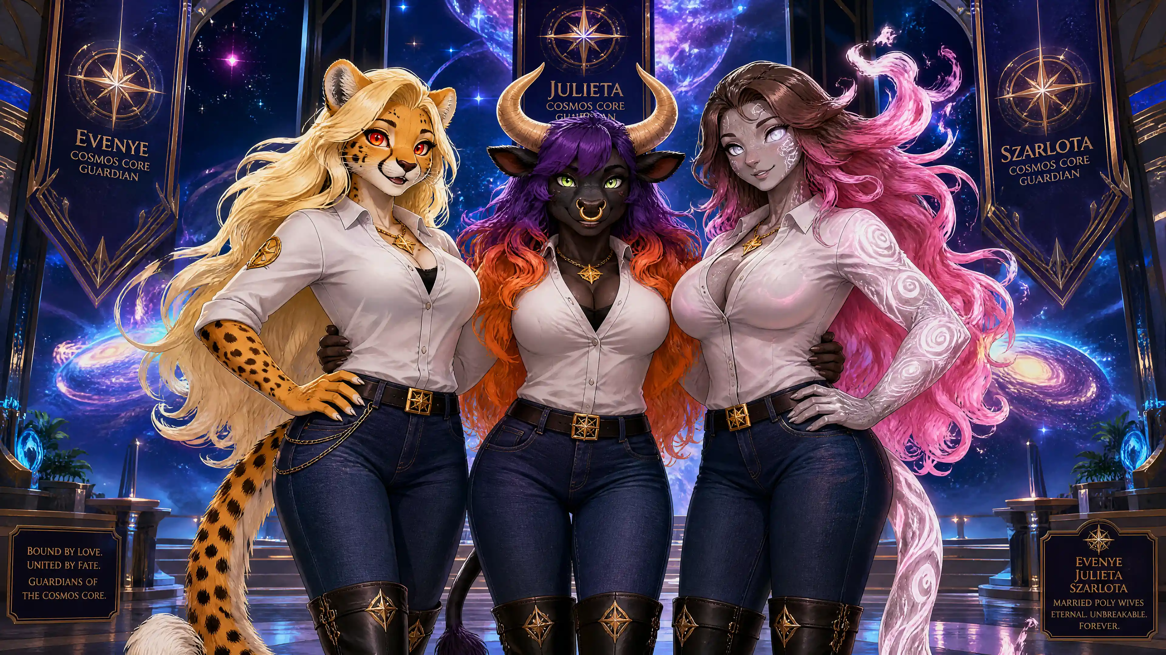 Fantasy teal fur cheetah woman in casual jeans and boots