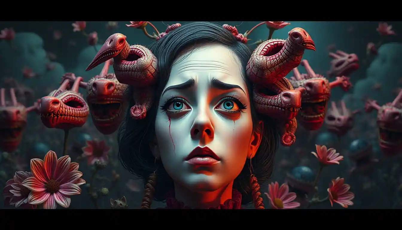 Mulher surreal cercada por rostos distorcidos em espelhos e palhaços