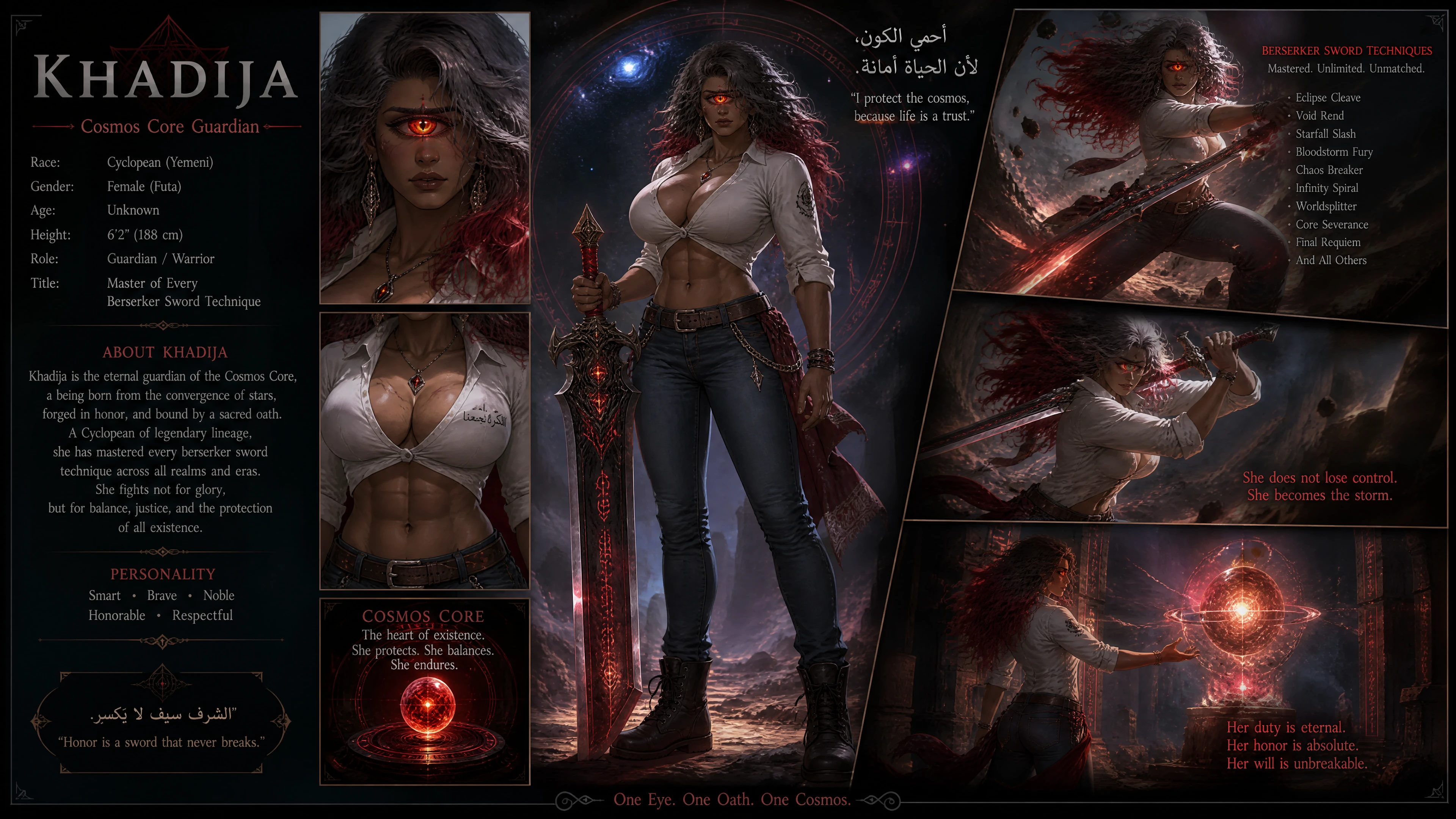 Heroic one eyed Yemeni warrior woman with flaming gaze