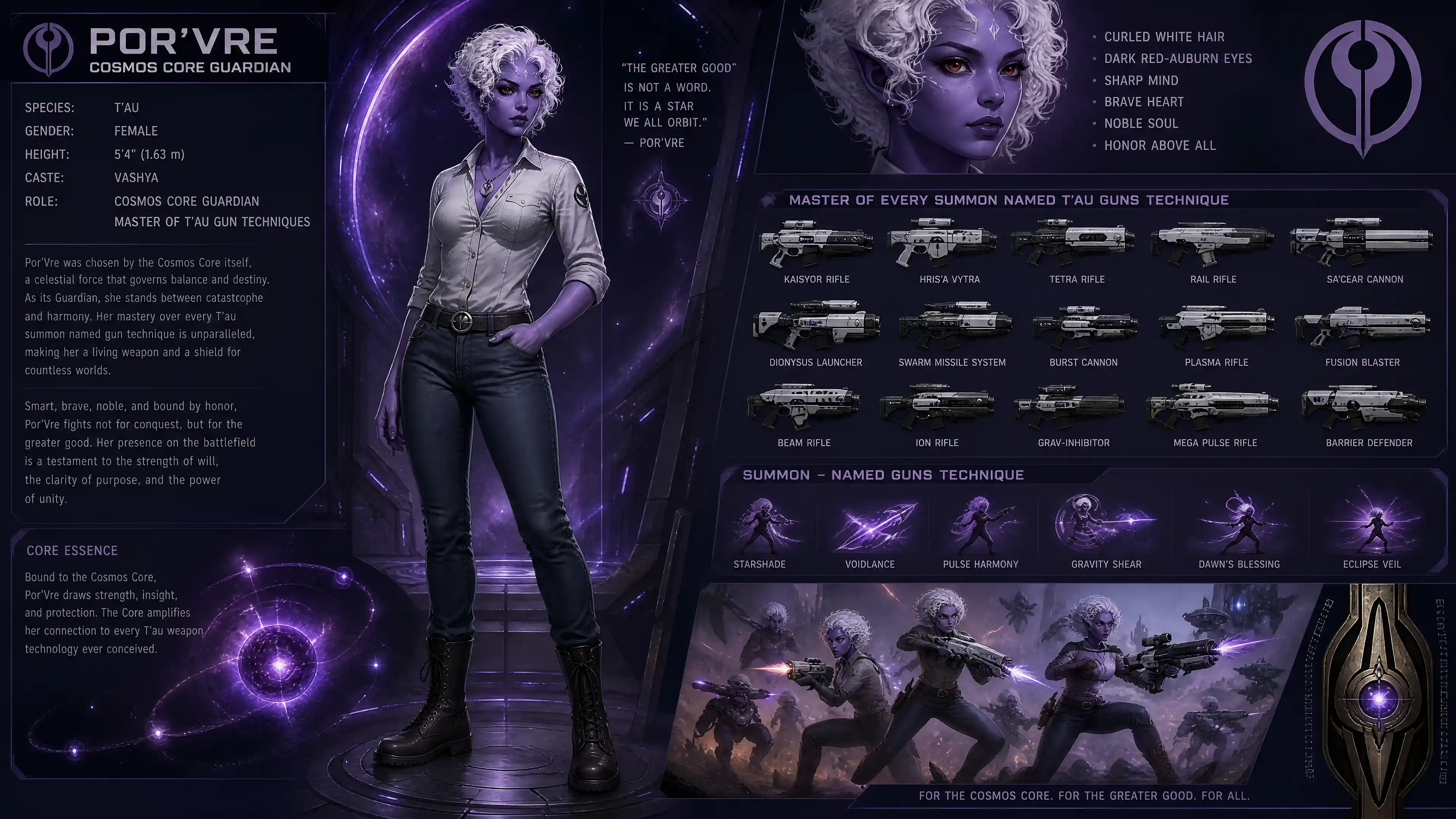 Mulher sci-fi roxa de cabelo branco em roupas casuais