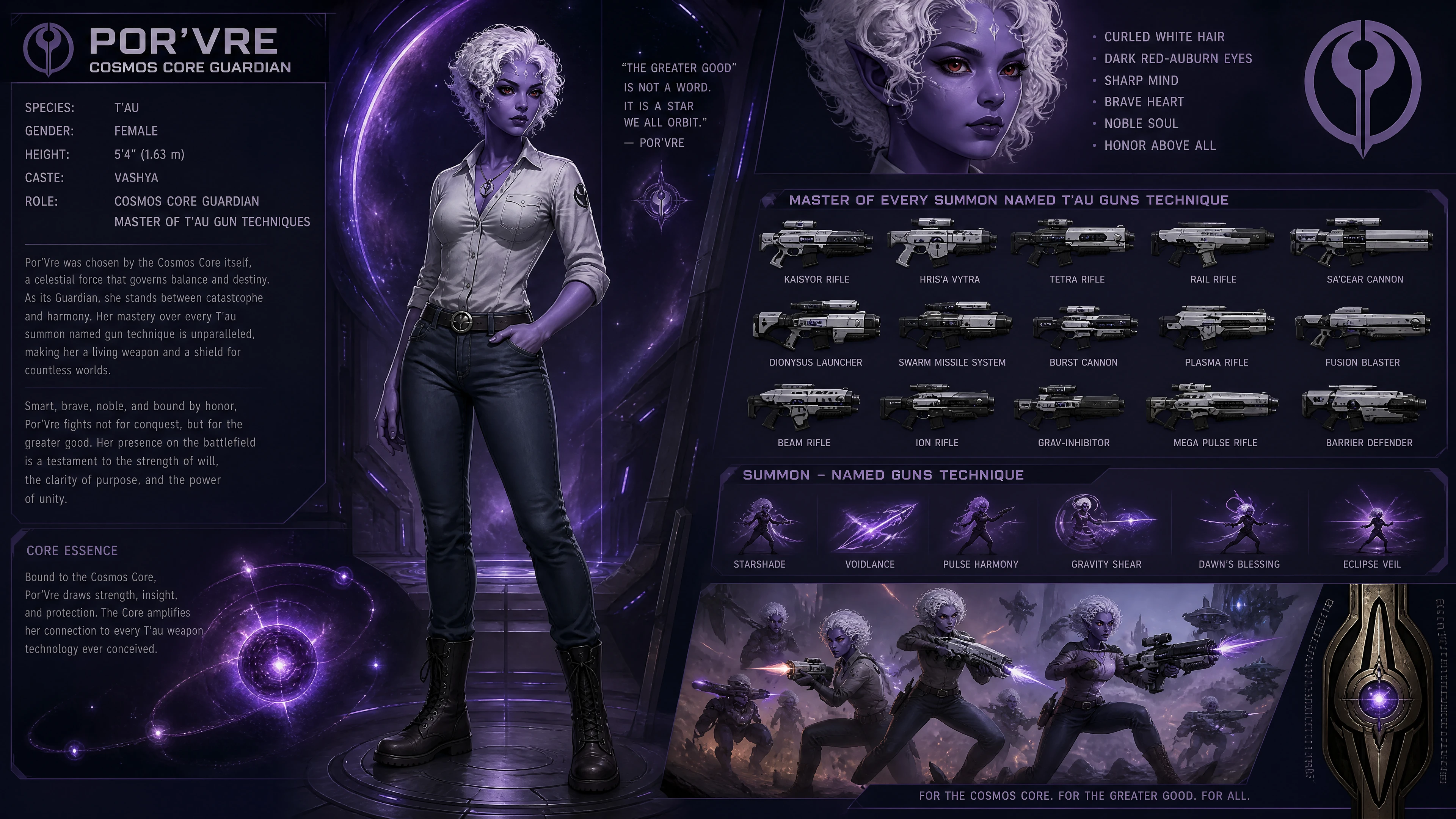 Mulher sci-fi roxa de cabelo branco em roupas casuais
