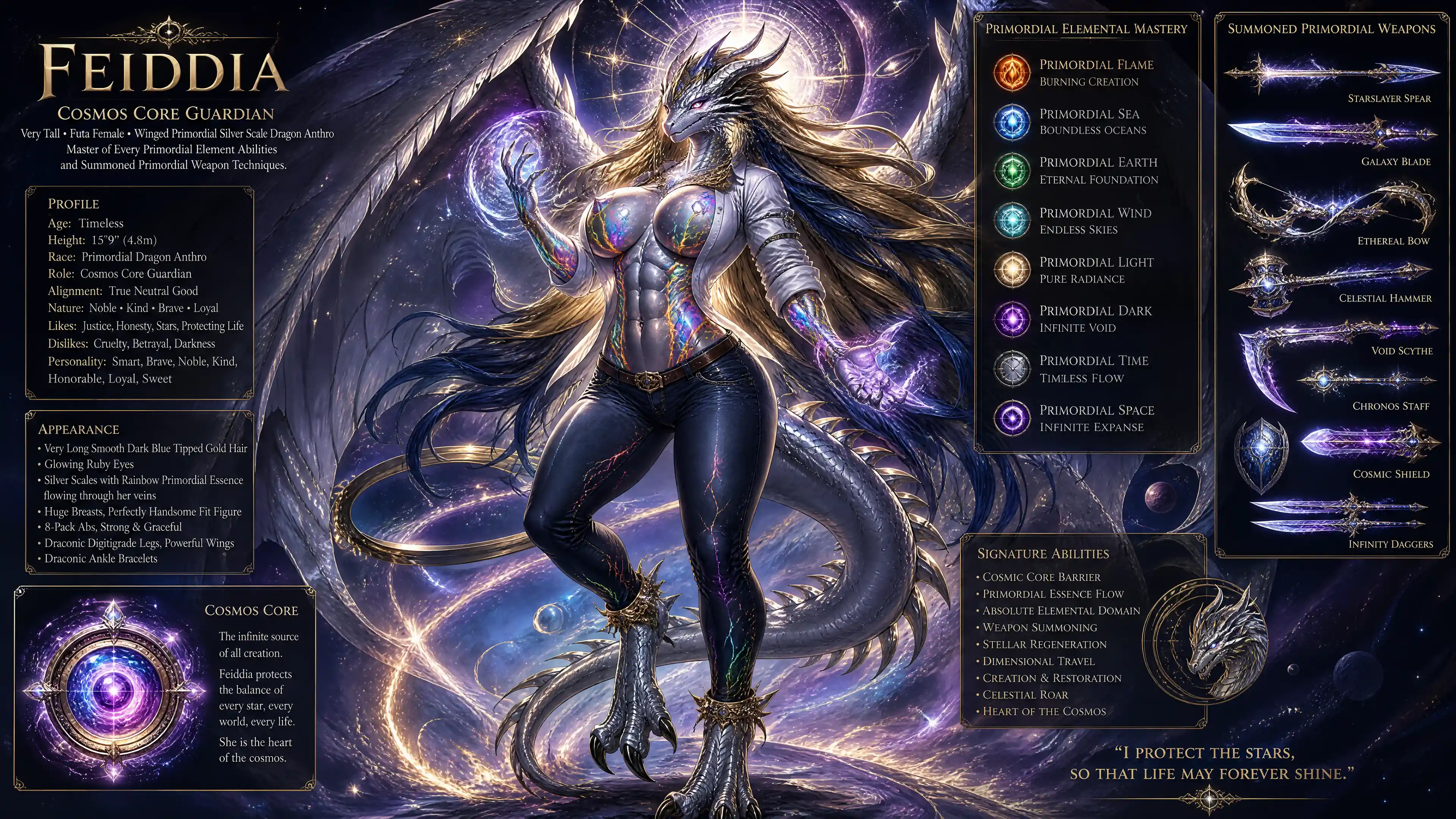 Tall winged dragon woman with silver scales and jeans