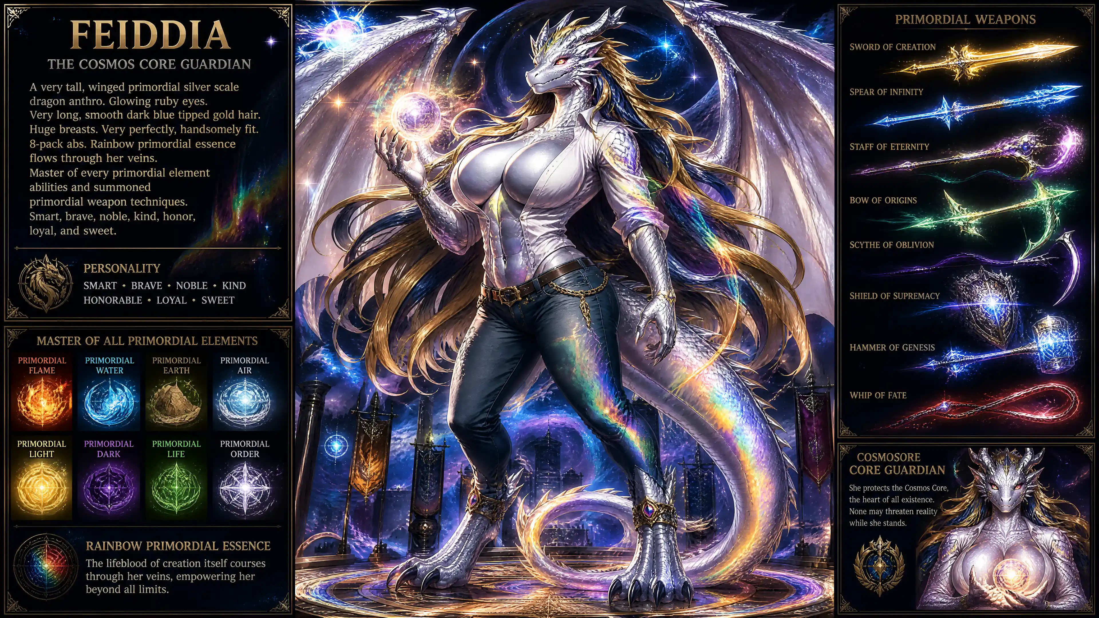 Winged silver dragon woman with glowing ruby eyes