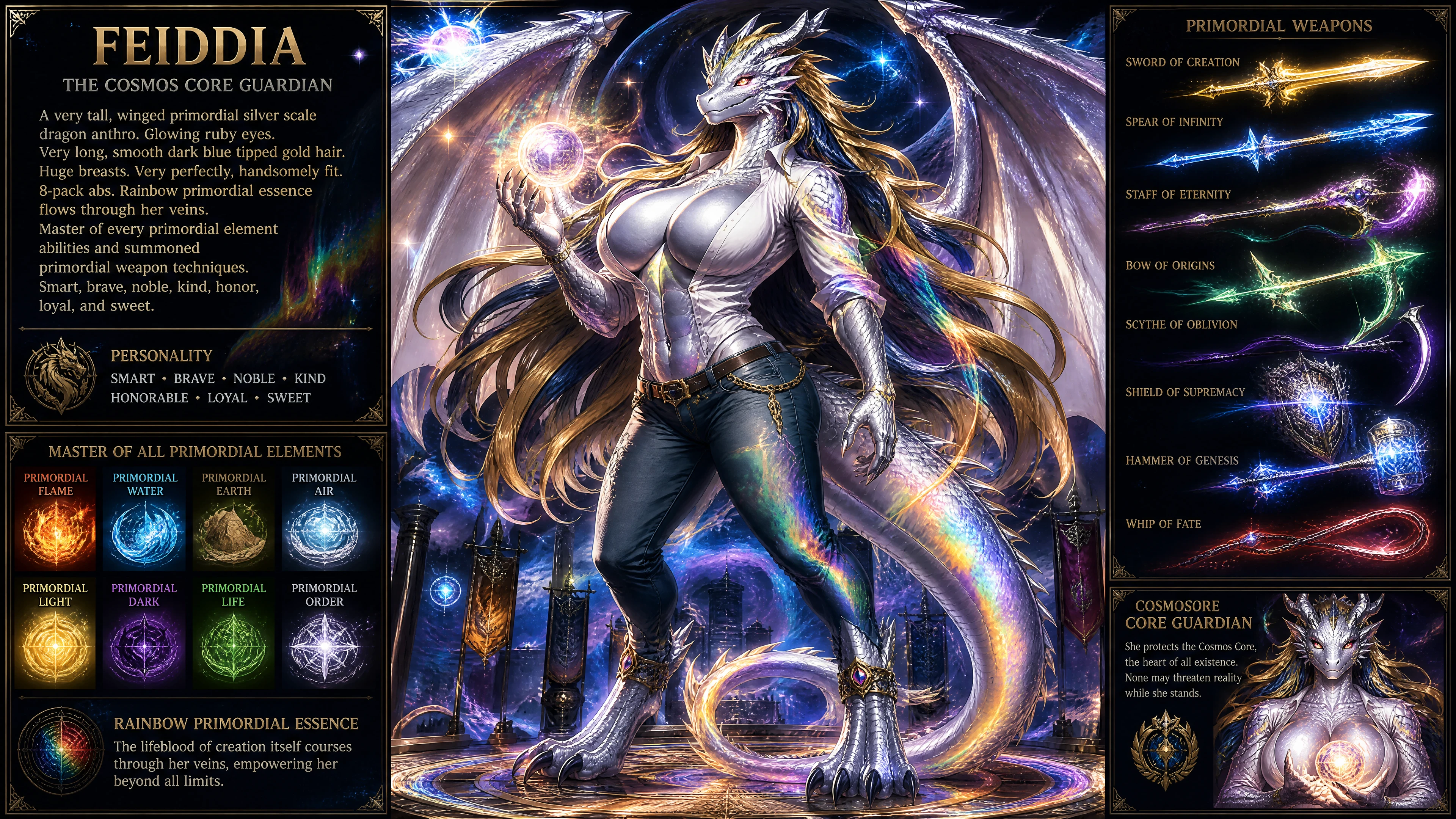 翼を持つ銀色のドラゴン女性と光り輝くルビーの瞳
