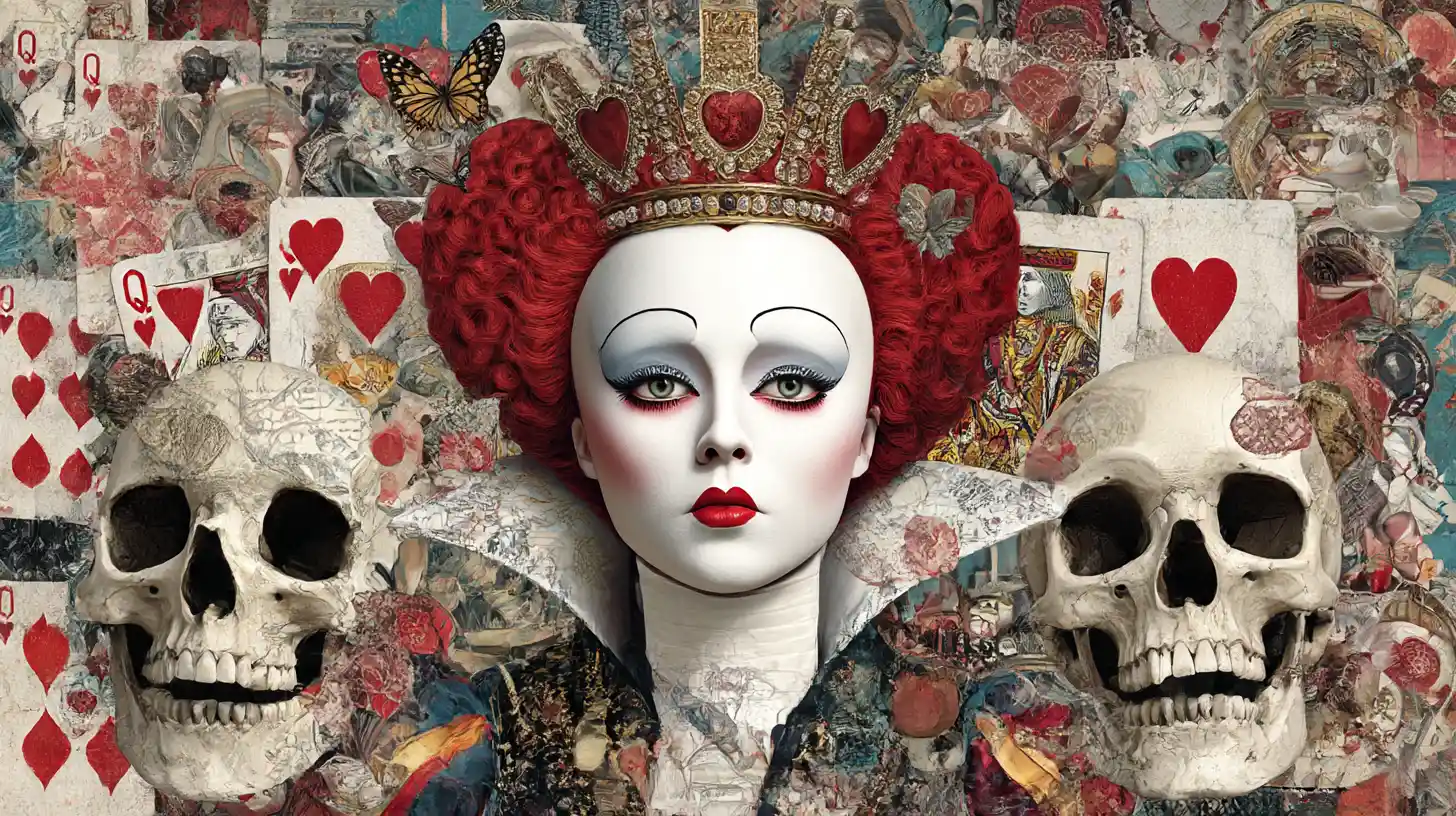 Retrato Surreal da Rainha de Copas com Caveiras e Cartas de Baralho