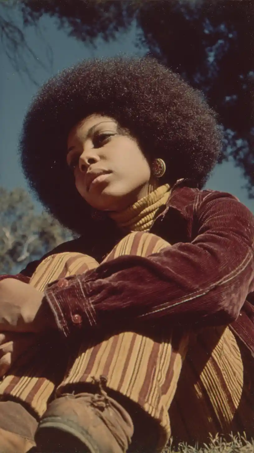 Retrato vintage de una mujer negra sentada al aire libre en actitud pensativa