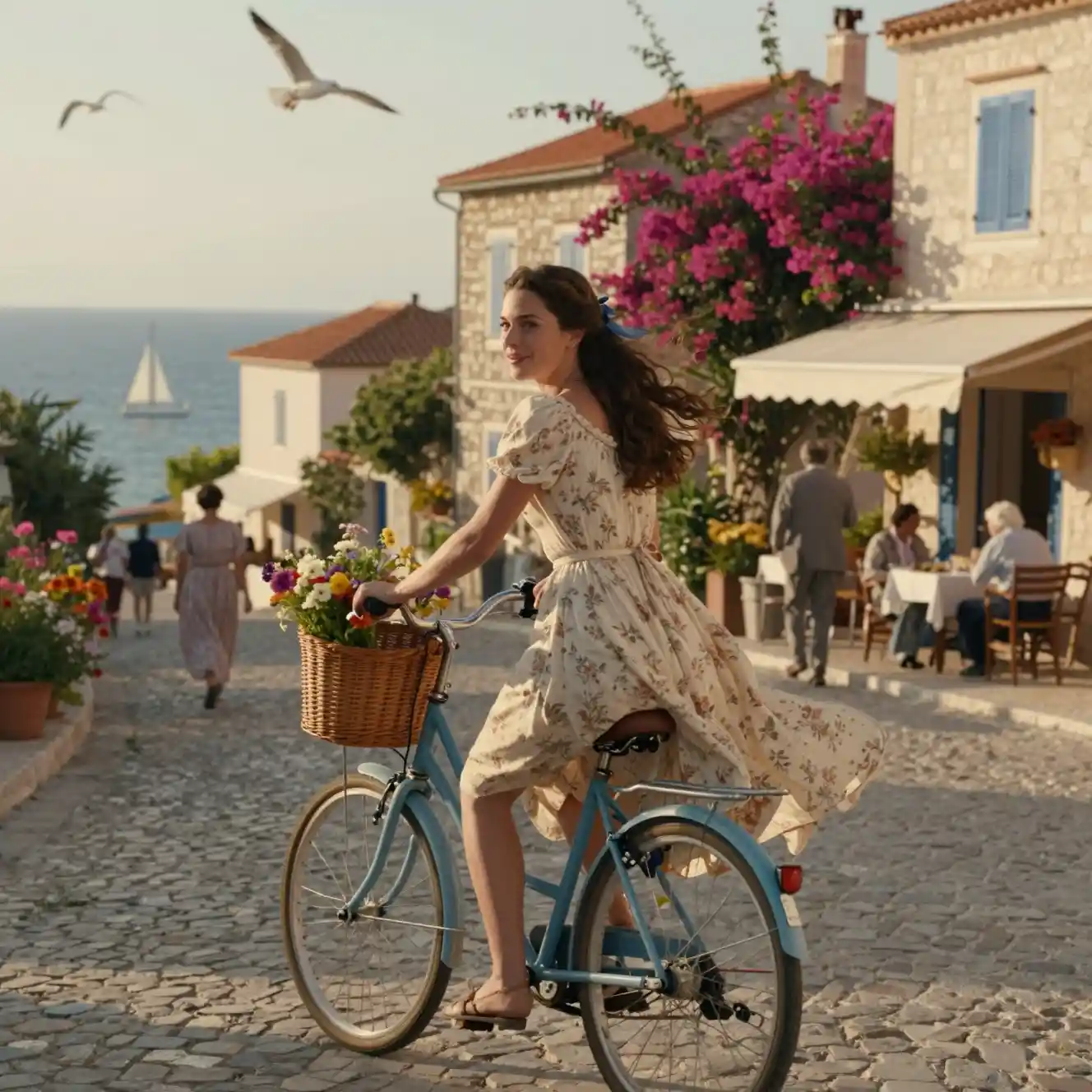 Young woman cycling through a sunlit Mediterranean village