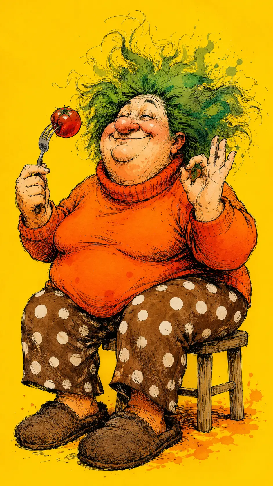 Cheerful elderly woman with green hair on yellow background