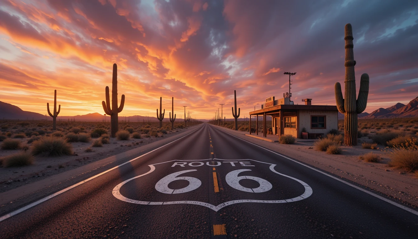 Carretera cinematográfica de la Ruta 66 al atardecer en el desierto de Arizona