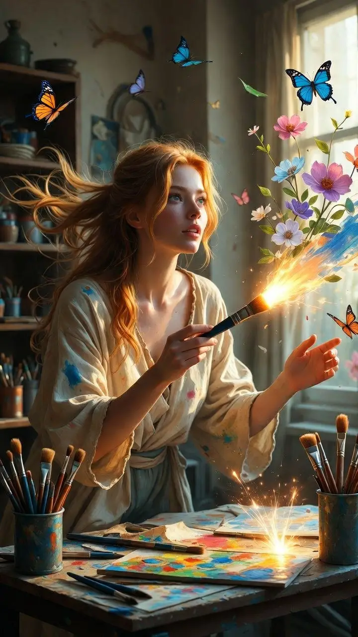 Magical woman painting glowing shapes that become real objects