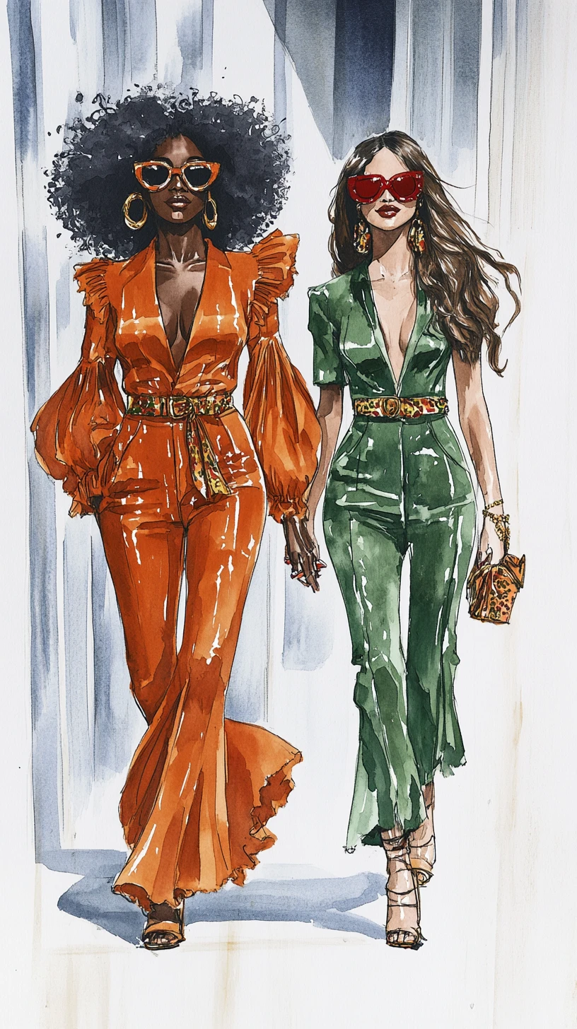 Mode des années 70 : femmes marchant bras dessus bras dessous en aquarelle