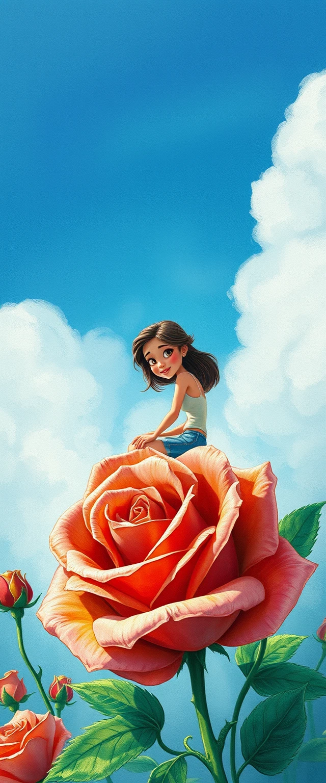 Donna addormentata su una rosa gigante in stile acquerello