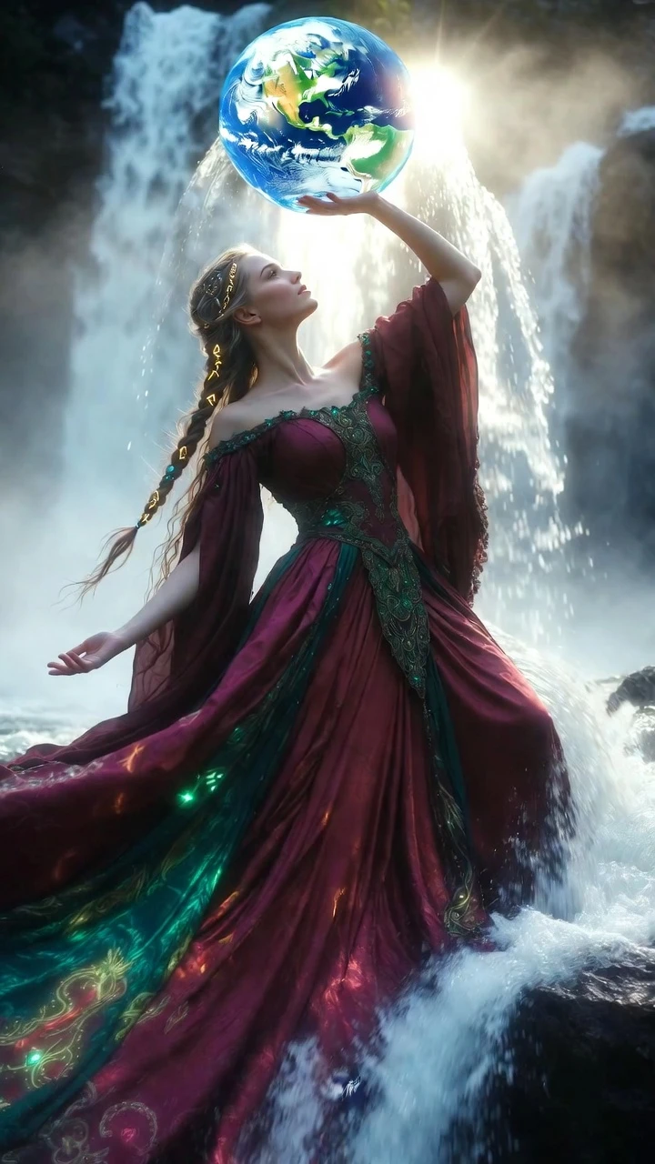 Madre Natura che solleva la Terra con una cascata