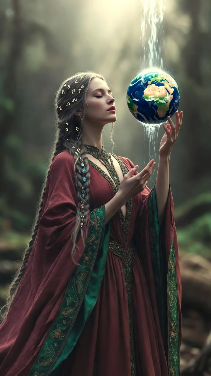 Madre Natura fantasy che regge la Terra con cascata fluente