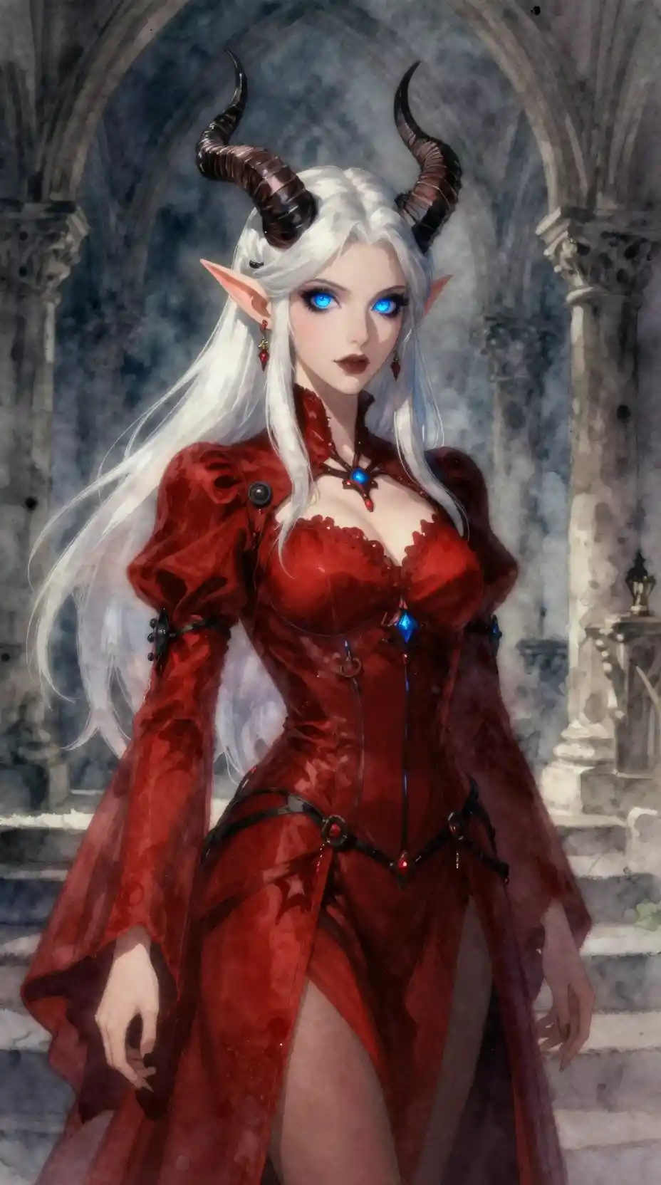 Tiefling woman in red within an ancient gothic church