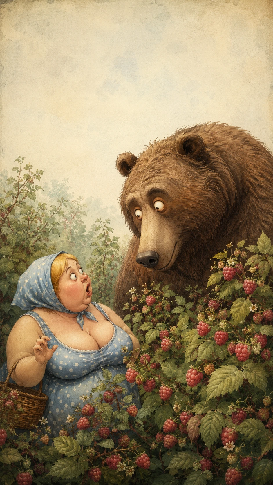 Mulher encontra urso-pardo curioso em moita de framboesas