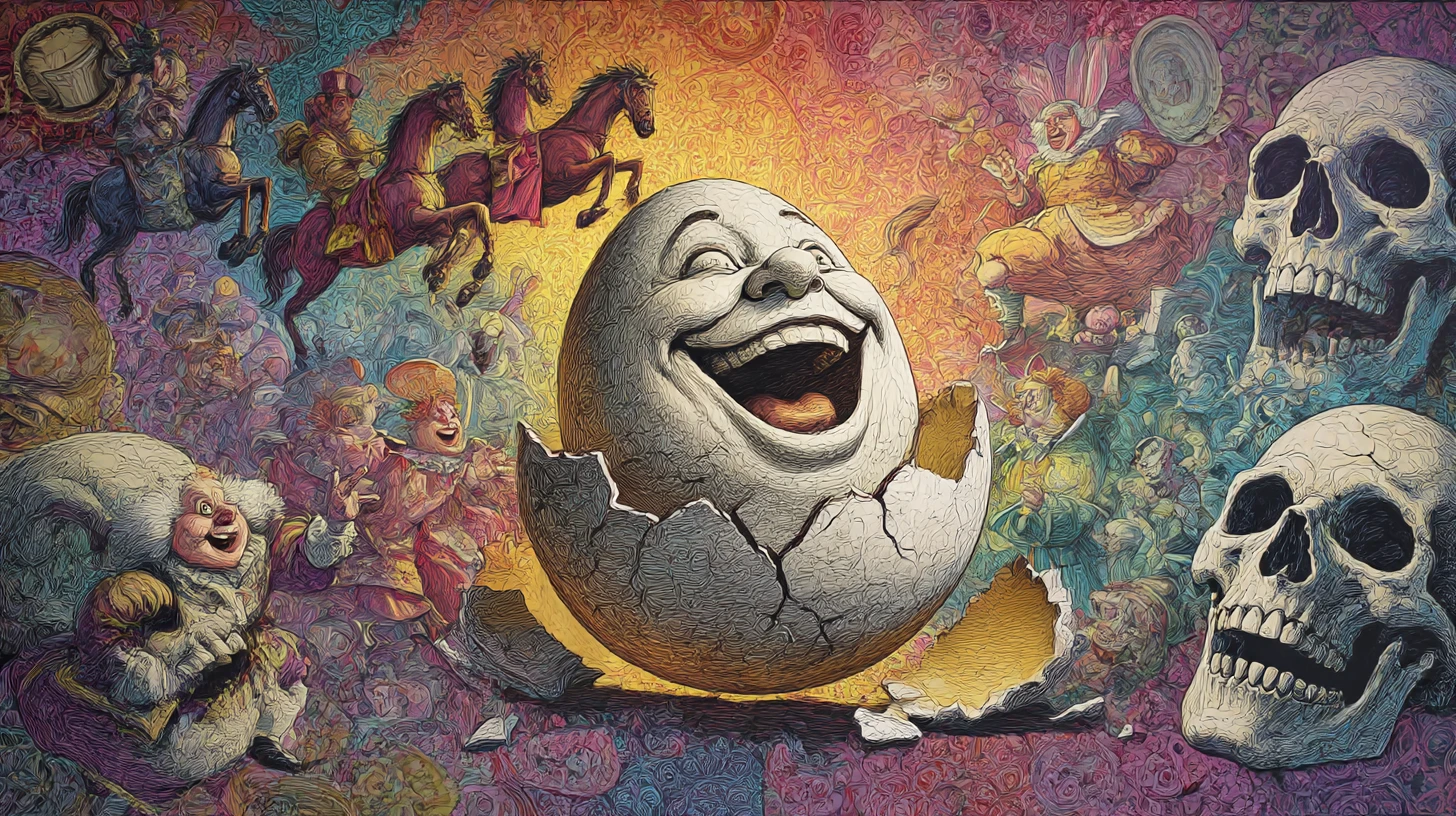 Humpty Dumpty surreale in frantumi in una fiaba oscura