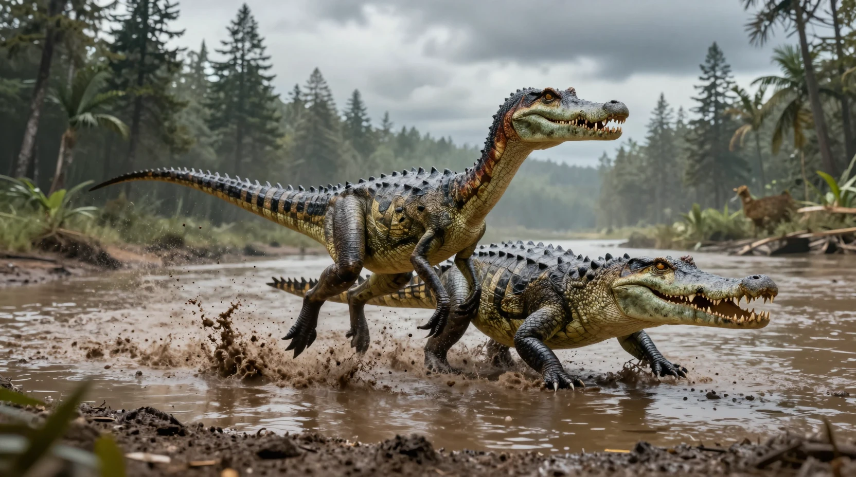 Dinosaurio Perseguido por un Crocodylomorfo en una Orilla de Río Barrosa