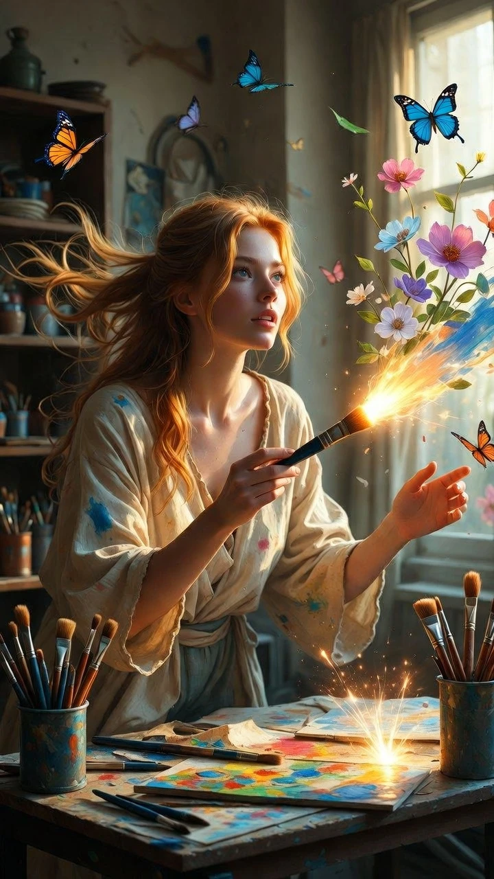 Mulher mágica pintando formas brilhantes que viram objetos reais