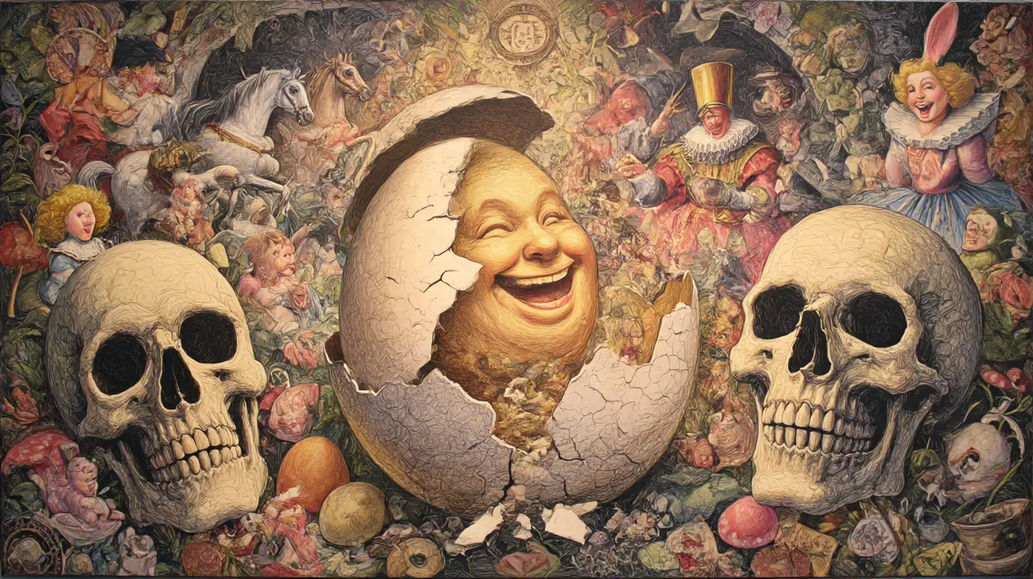 Humpty Dumpty in frantumi tra beffardi spettatori da fiaba