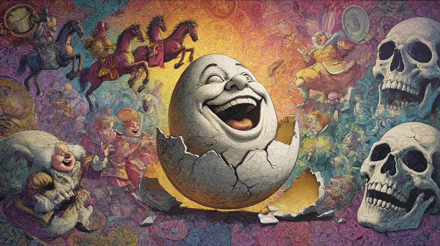 Humpty Dumpty surreale in frantumi in una fiaba oscura
