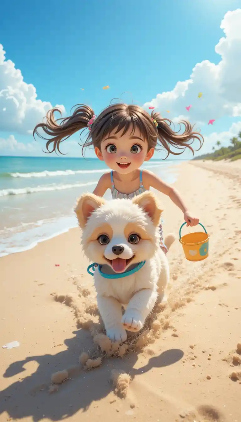 可愛動漫少女在陽光夏日海灘上奔跑